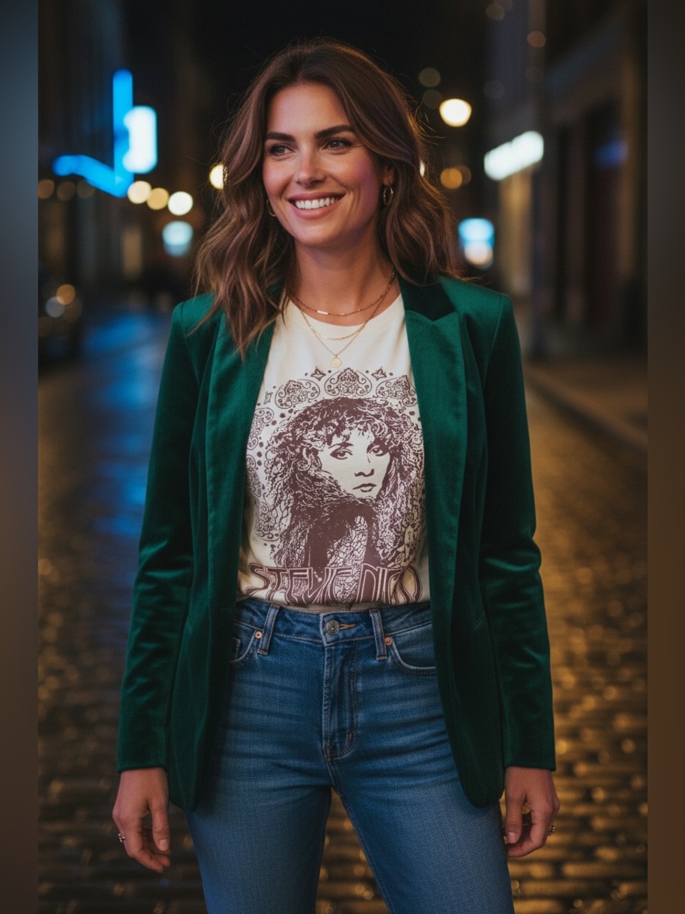 Stevie Nicks White Short Sleeve Graphic Tee with Brown Vintage Portrait